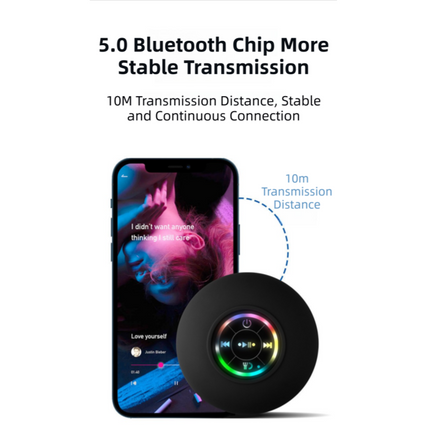 Black IPX4 Waterproof Portable Bluetooth Shower Speaker with Suction Cup & LED Light - Multi-Use As Phone Stand, Built-in Mic for Hands-Free Calling.