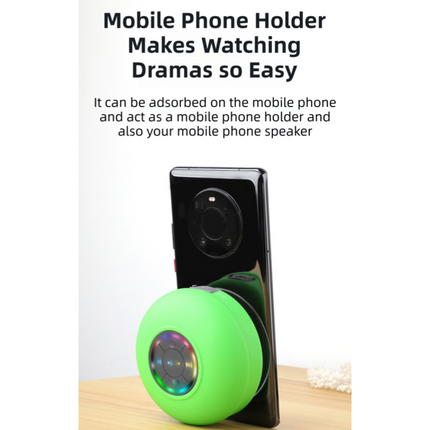 Black IPX4 Waterproof Portable Bluetooth Shower Speaker with Suction Cup & LED Light - Multi-Use As Phone Stand, Built-in Mic for Hands-Free Calling.