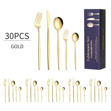30-Piece Gold Portuguese Style Cutlery Set - Mirror Polished 410 Stainless Steel Dinnerware for 6 (Steak Knives Included).