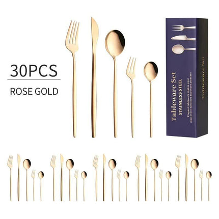30-Piece Rose Gold Portuguese Style Cutlery Set - Mirror Polished 410 Stainless Steel Dinnerware for 6 (Steak Knives Included).