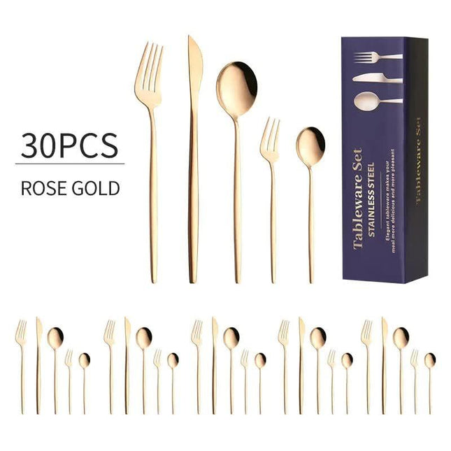 30-Piece Rose Gold Portuguese Style Cutlery Set - Mirror Polished 410 Stainless Steel Dinnerware for 6 (Steak Knives Included).