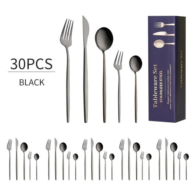 30-Piece Black Portuguese Style Cutlery Set - Mirror Polished 410 Stainless Steel Dinnerware for 6 (Steak Knives Included).