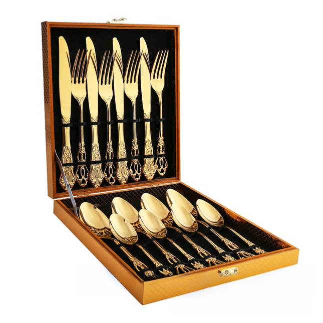 4Set / 16PCS Gold Royal Court Cutlery Set - Vintage Hollow Engraved 410 Stainless Steel Dinnerware with Gift Box.