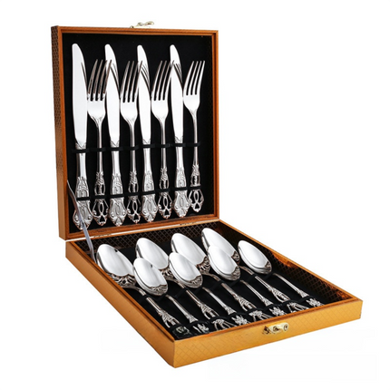 4Set / 16PCS Silver Royal Court Cutlery Set - Vintage Hollow Engraved 410 Stainless Steel Dinnerware with Gift Box.