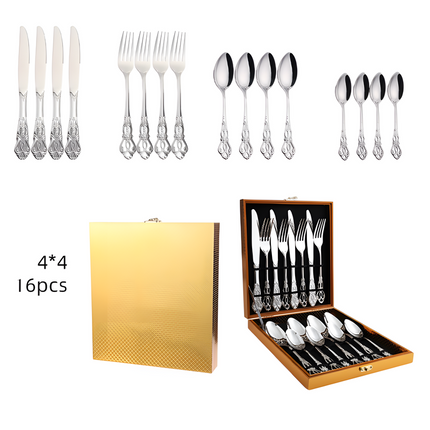 4Set / 16PCS Silver Royal Court Cutlery Set - Vintage Hollow Engraved 410 Stainless Steel Dinnerware with Gift Box.