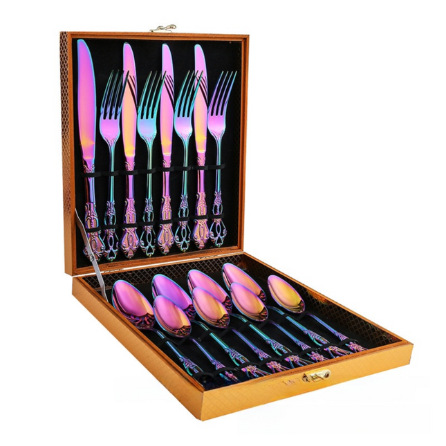 4Set / 16PCS Dazzle Color Royal Court Cutlery Set - Vintage Hollow Engraved 410 Stainless Steel Dinnerware with Gift Box.