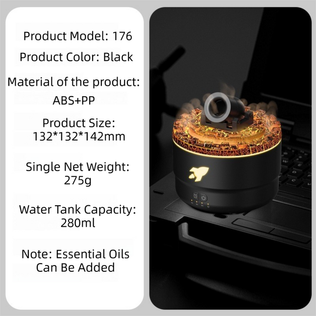 176 Black Simulation Turret Diffuser & Humidifier - Smart Timer Ultrasonic Mister with Volcano Lava Crack Shell and Colorful Light.
