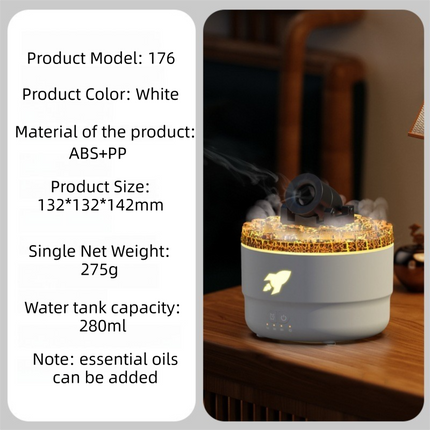 176 White Simulation Turret Diffuser & Humidifier - Smart Timer Ultrasonic Mister with Volcano Lava Crack Shell and Colorful Light.