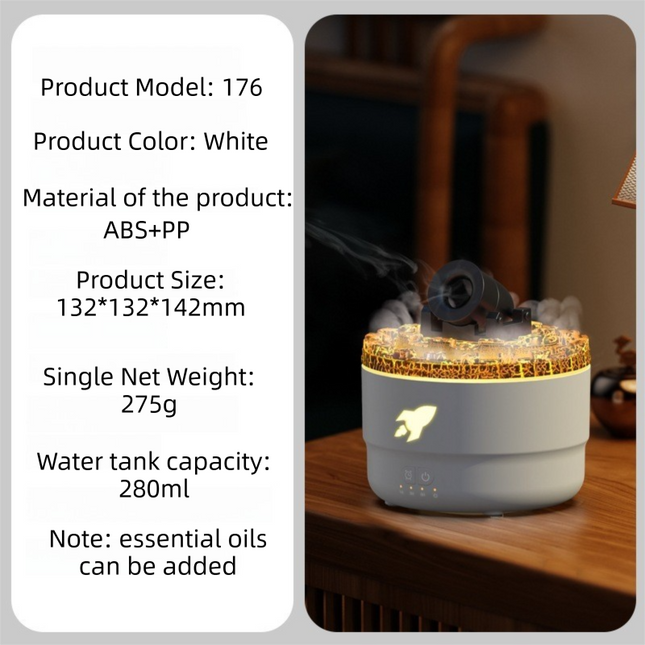 176 White Simulation Turret Diffuser & Humidifier - Smart Timer Ultrasonic Mister with Volcano Lava Crack Shell and Colorful Light.