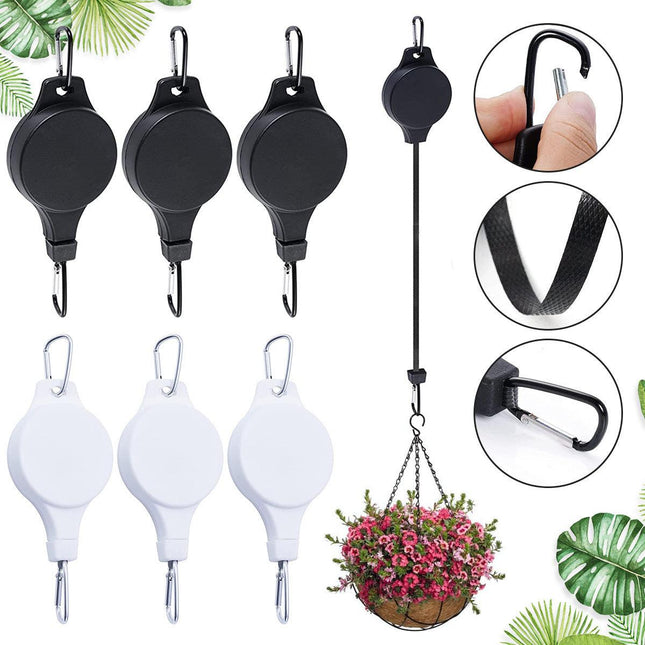 3PCS Black + 3PCS White Retractable Hanging Basket Pulley System & 6PCS Heavy Duty Stainless Steel S-Hooks Combo - Garden Plant Hanger(Max Load 5KG).