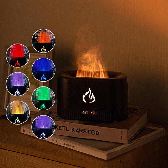 Black 3D Simulation Flame Aroma Diffuser & Humidifier - Ultrasonic Desktop Mister with 7-Color LED Light and Automatic Scent Spray (200ML).
