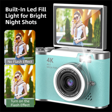 Purple 4K Compact Digital CCD Camera for Vlogging & Students - Portable Point and Shoot with 2.4-inch Rotating Screen, 8X Optical Zoom, and Anti-Shake.