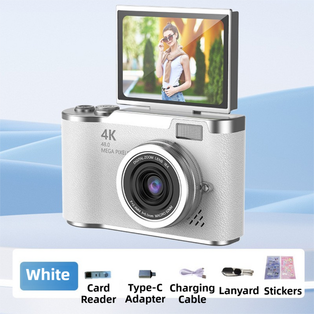 White 4K Compact Digital CCD Camera for Vlogging & Students - Portable Point and Shoot with 2.4-inch Rotating Screen, 8X Optical Zoom, and Anti-Shake.