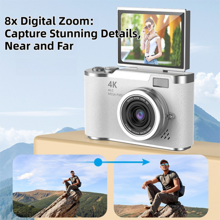 Pink 4K Compact Digital CCD Camera for Vlogging & Students - Portable Point and Shoot with 2.4-inch Rotating Screen, 8X Optical Zoom, and Anti-Shake.