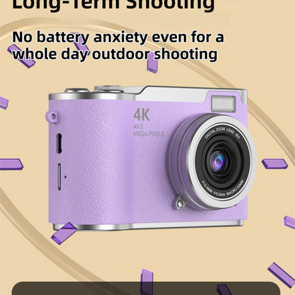 Yellow 4K Compact Digital CCD Camera for Vlogging & Students - Portable Point and Shoot with 2.4-inch Rotating Screen, 8X Optical Zoom, and Anti-Shake.