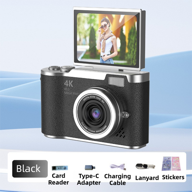 Black 4K Compact Digital CCD Camera for Vlogging & Students - Portable Point and Shoot with 2.4-inch Rotating Screen, 8X Optical Zoom, and Anti-Shake.