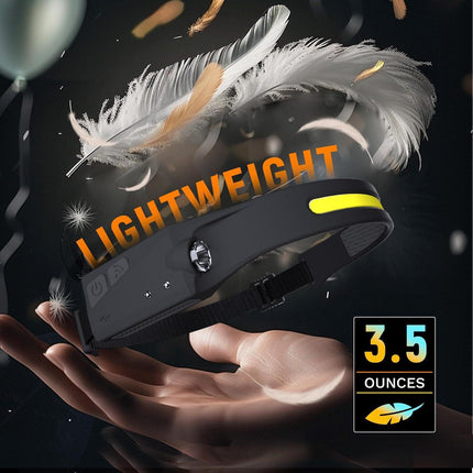 Adjustable High-Lumen Rechargeable COB LED Headlamp - 230° Wide Beam Head Torch with Wave Sensor for Camping, Hiking & Fishing.