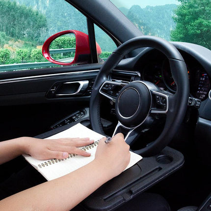 Black Multi-Functional Car Steering Wheel Tray - Portable Auto Desk for Eating, Laptop, and Drink Holder (42x28CM).