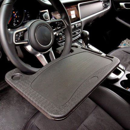Grey Multi-Functional Car Steering Wheel Tray - Portable Auto Desk for Eating, Laptop, and Drink Holder (42x28CM).