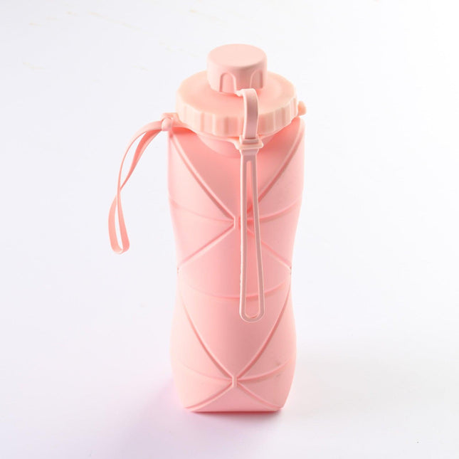 Pink Portable Food Grade Silicone Collapsible Sports Water Bottle 600ML - Folding down 80% , Low High Temperature Resistant.