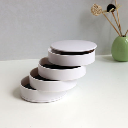 White 4-Layer Rotating Jewelry Storage Box - Dust-Proof Velvet Lined Organizer for Rings, Coins, and Hair Accessories (10x10CM).