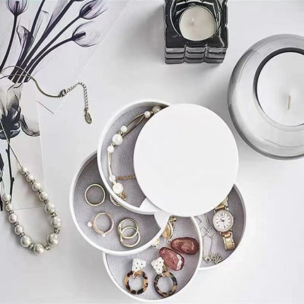 White 4-Layer Rotating Jewelry Storage Box - Dust-Proof Velvet Lined Organizer for Rings, Coins, and Hair Accessories (10x10CM).