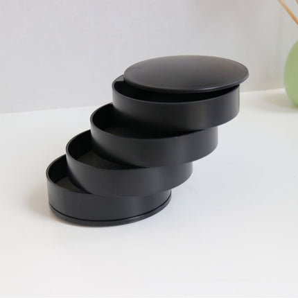 Black 4-Layer Rotating Jewelry Storage Box - Dust-Proof Velvet Lined Organizer for Rings, Coins, and Hair Accessories (10x10CM).