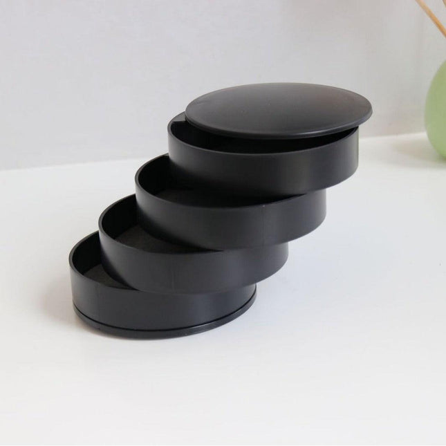 Black 4-Layer Rotating Jewelry Storage Box - Dust-Proof Velvet Lined Organizer for Rings, Coins, and Hair Accessories (10x10CM).