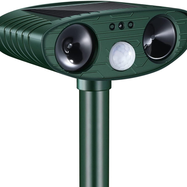Classic Solar Powered Animal Repeller - PIR Sensor, Ultrasonic & Flashing Light Deterrent for Cats, Dogs, and Birds.