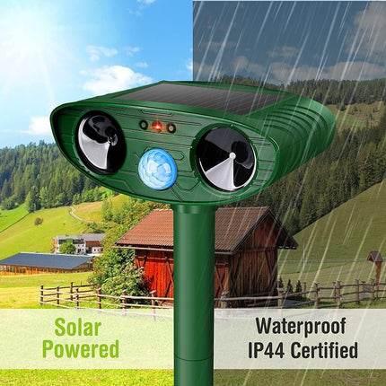 Classic Solar Powered Animal Repeller - PIR Sensor, Ultrasonic & Flashing Light Deterrent for Cats, Dogs, and Birds.
