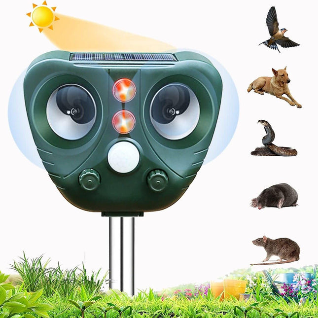 Model 703 Solar Powered Animal Repeller - Advanced Ultrasonic, Alarm & Flashing Light System.