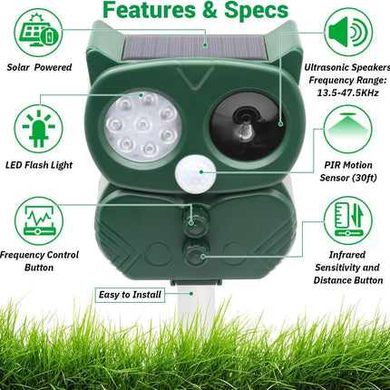Model 704 Solar Powered Animal Repeller - High-Performance Ultrasonic & Optical Deterrent for Yard Protection.