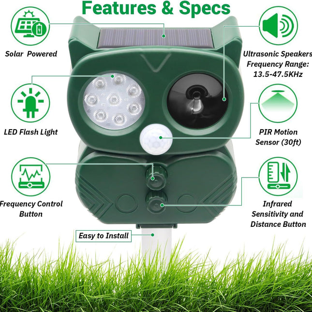 Model 704 Solar Powered Animal Repeller - High-Performance Ultrasonic & Optical Deterrent for Yard Protection.