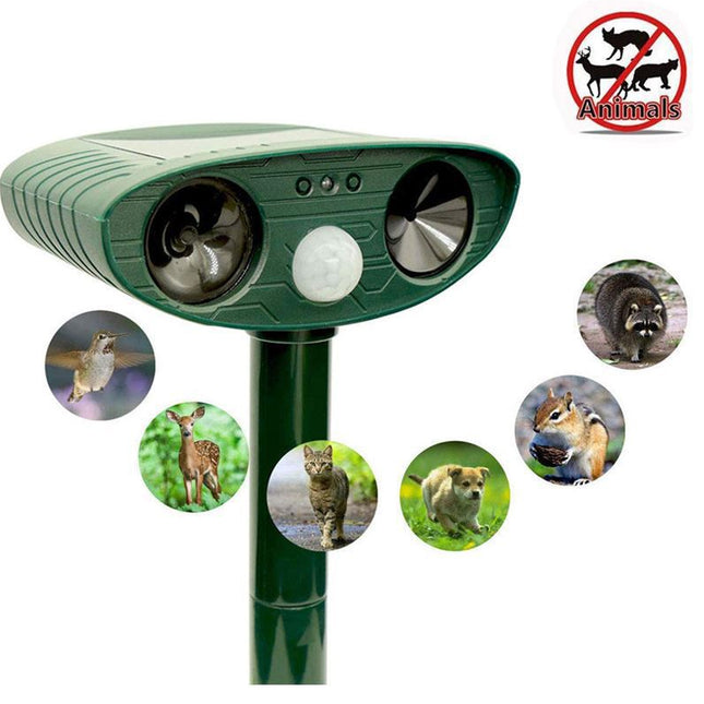 Model 704 Solar Powered Animal Repeller - High-Performance Ultrasonic & Optical Deterrent for Yard Protection.