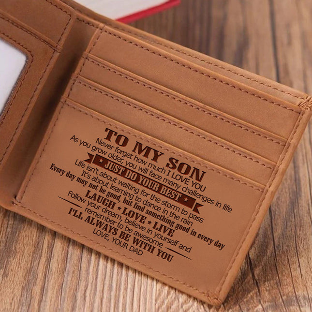 Style 1 To My Son Embossed Genuine Cowhide Leather Men's Wallet (Gift Giver: Love Dad) - Anti-Theft RFID Blocking - Personalized Dad & Mom Gift.