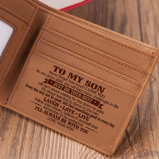 Style 1 To My Son Embossed Genuine Cowhide Leather Men's Wallet (Gift Giver: Love Mom) - Anti-Theft RFID Blocking - Personalized Dad & Mom Gift.