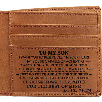Style 2 Genuine Cowhide Leather Wallet - RFID Protection, VH2104 Mom to Son Gift with To My Son Embossed Message.