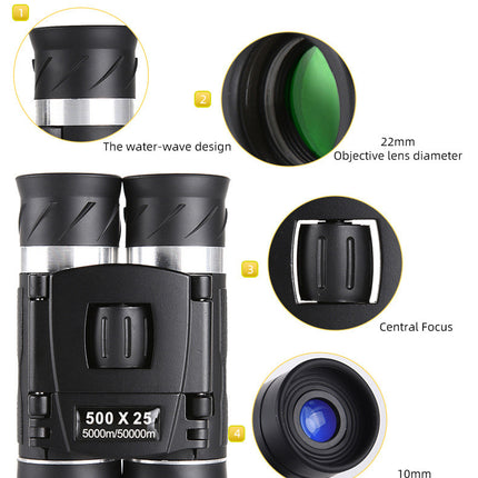 500x25 High Power HD Binoculars - Portable Concert Telescope with Phone Photography Capability, FMC Coated Optics.
