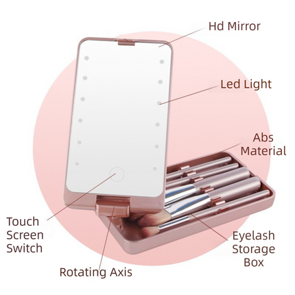 White Portable LED Makeup Mirror with Lights & Brushes (9x2.5x16CM) - Mini Foldable Desktop Vanity Mirror with Dual Color Temperature.