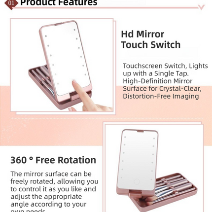 White Portable LED Makeup Mirror with Lights & Brushes (9x2.5x16CM) - Mini Foldable Desktop Vanity Mirror with Dual Color Temperature.
