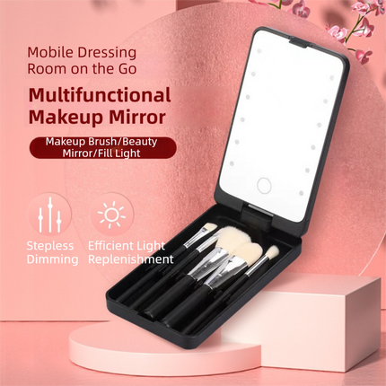 White Portable LED Makeup Mirror with Lights & Brushes (9x2.5x16CM) - Mini Foldable Desktop Vanity Mirror with Dual Color Temperature.