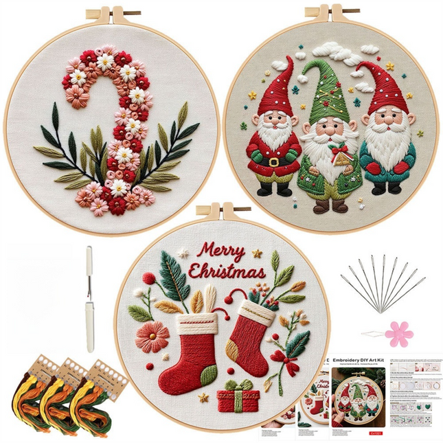 Christmas Embroidery DIY Kit with 20CM Faux Bamboo Hoop - Nordic Style Cross Stitch Material Pack (Style 1).