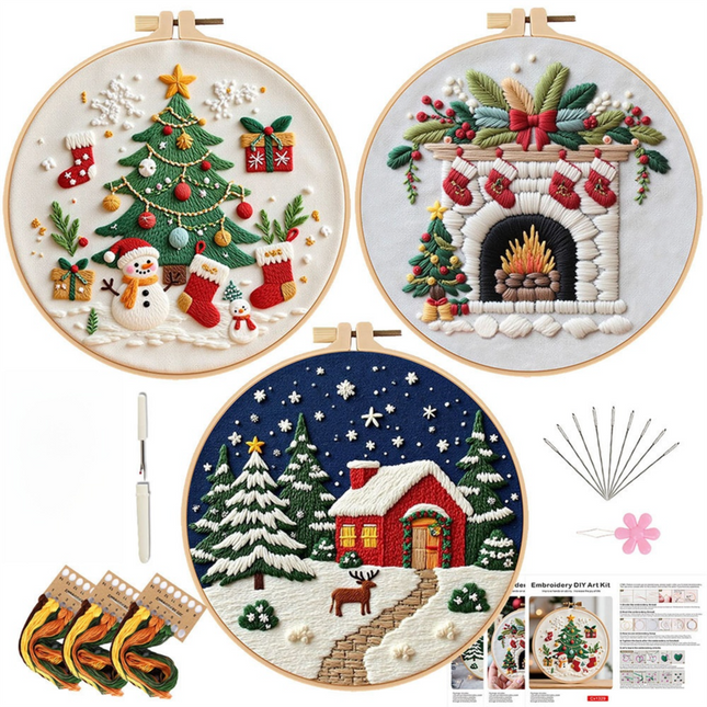 Christmas Embroidery DIY Kit with 20CM Faux Bamboo Hoop - Nordic Style Cross Stitch Material Pack (Style 2).