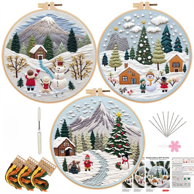 Christmas Embroidery DIY Kit with 20CM Faux Bamboo Hoop - Nordic Style Cross Stitch Material Pack (Style 3).