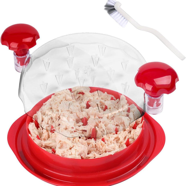Red Chicken Shredder Machine with Transparent Lid & Brush - Manual Meat Chopper and Pulverizer for Cooked Chicken and Pet Food.