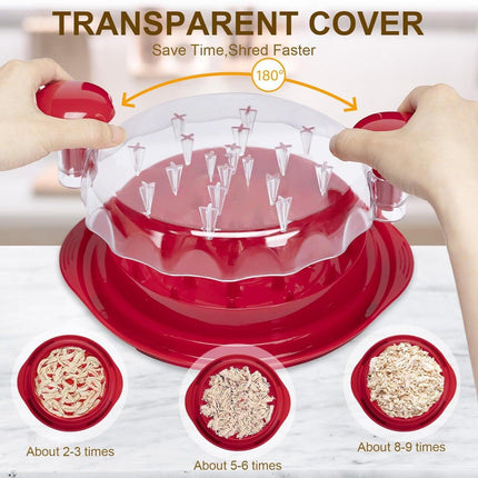 Red Chicken Shredder Machine with Transparent Lid & Brush - Manual Meat Chopper and Pulverizer for Cooked Chicken and Pet Food.