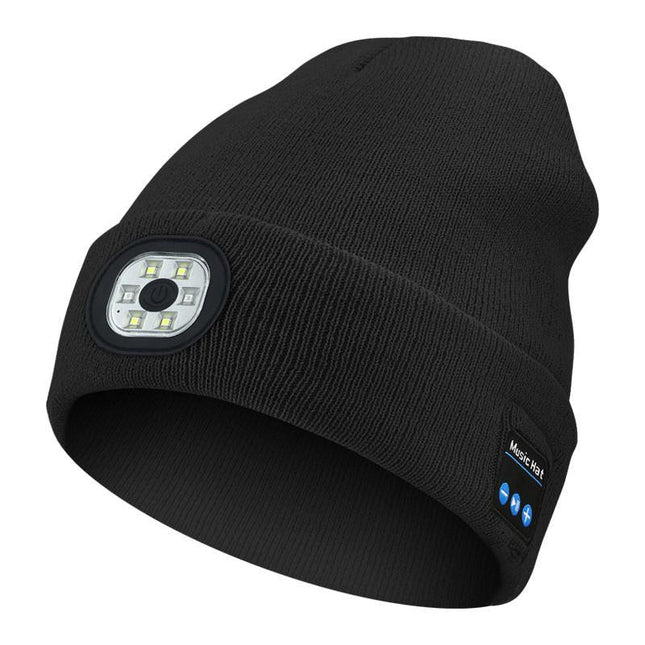 Black Removable LED Bluetooth Headphone Beanie - Washable Knit Hat with 3-Level LED Illumination & Stereo Sound, USB Rechargeable.