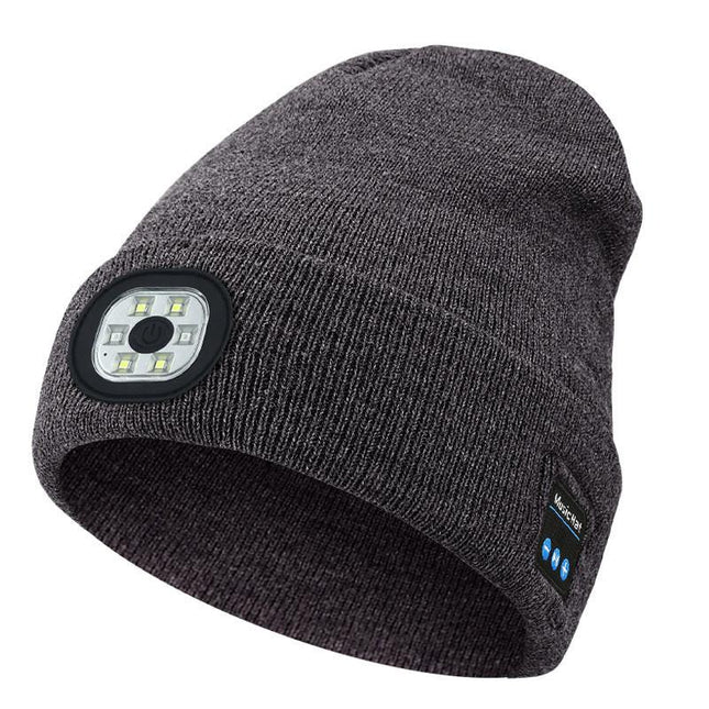 Dark Grey Removable LED Bluetooth Headphone Beanie - Washable Knit Hat with 3-Level LED Illumination & Stereo Sound, USB Rechargeable.
