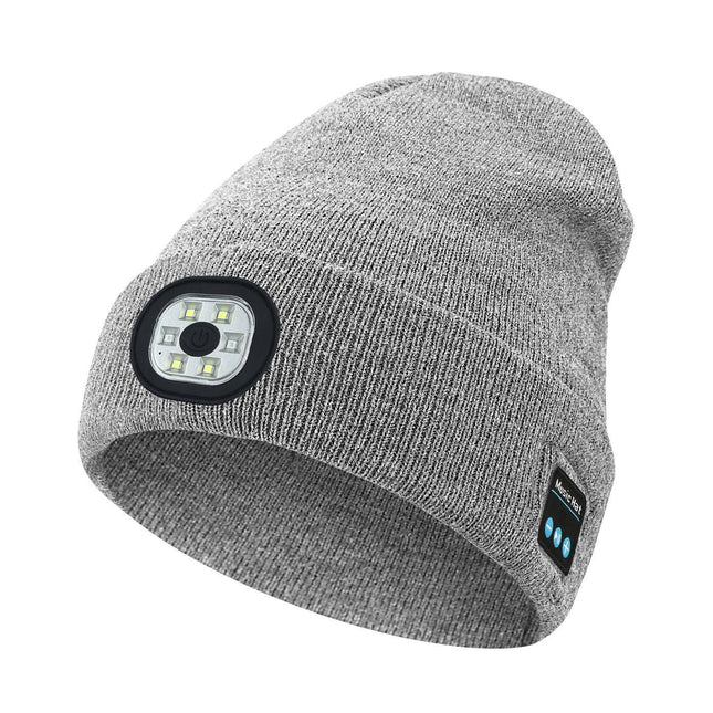 Light Grey Removable LED Bluetooth Headphone Beanie - Washable Knit Hat with 3-Level LED Illumination & Stereo Sound, USB Rechargeable.