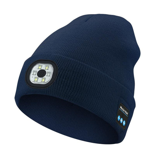 Dark Blue Removable LED Bluetooth Headphone Beanie - Washable Knit Hat with 3-Level LED Illumination & Stereo Sound, USB Rechargeable.